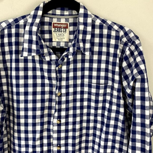 Wrangler Mens Blue Gingham Plaid Button Up L - Picture 3 of 7